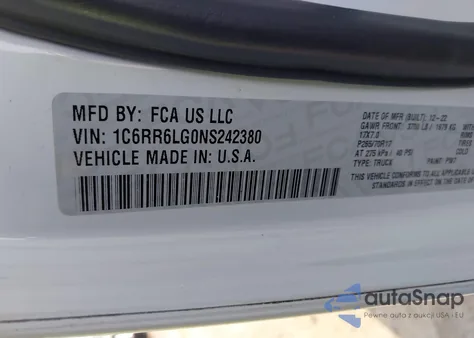 2022 Ram 1500 Classic Slt 4X2 5'7 Box z USA, uszkodzony, nr VIN 1C6RR6LG0NS242380